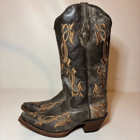Tanner Mark Women’s Cowboy Boots Fleur-De-Lis Embroidered Crackle Sz 8 Made USA - Picture 2 of 10
